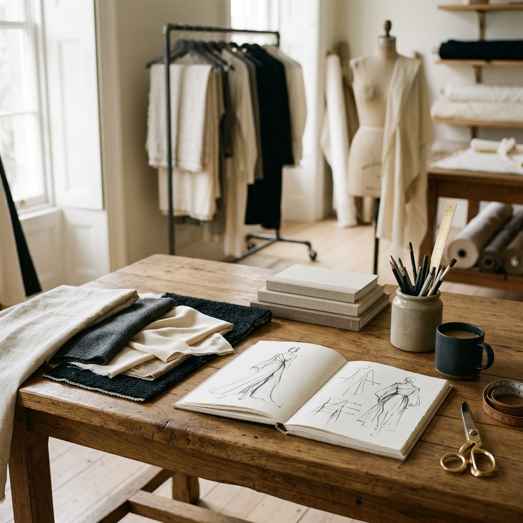 Kamak Ventures design studio desk with luxury textiles, pattern sketches, and craftsmanship tools